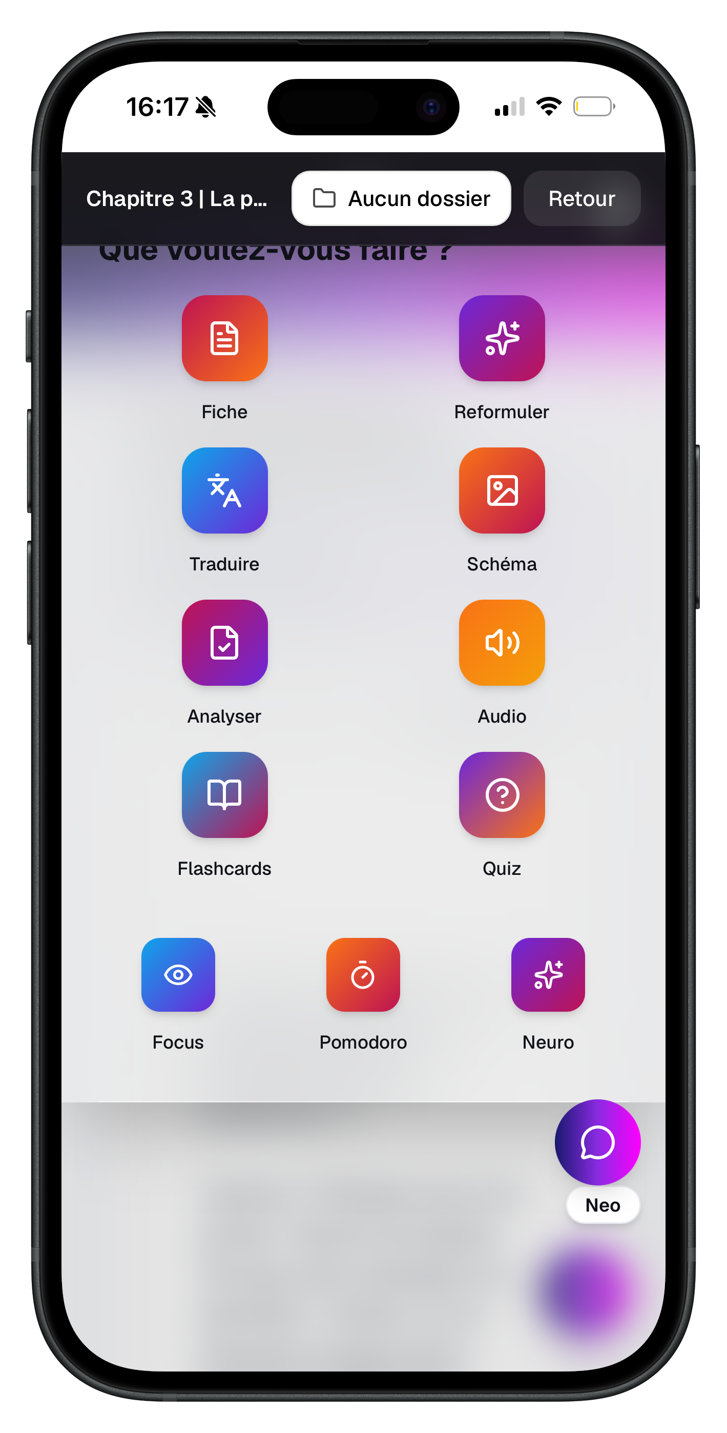 Application NEVO — menu des fonctionnalités sur smartphone